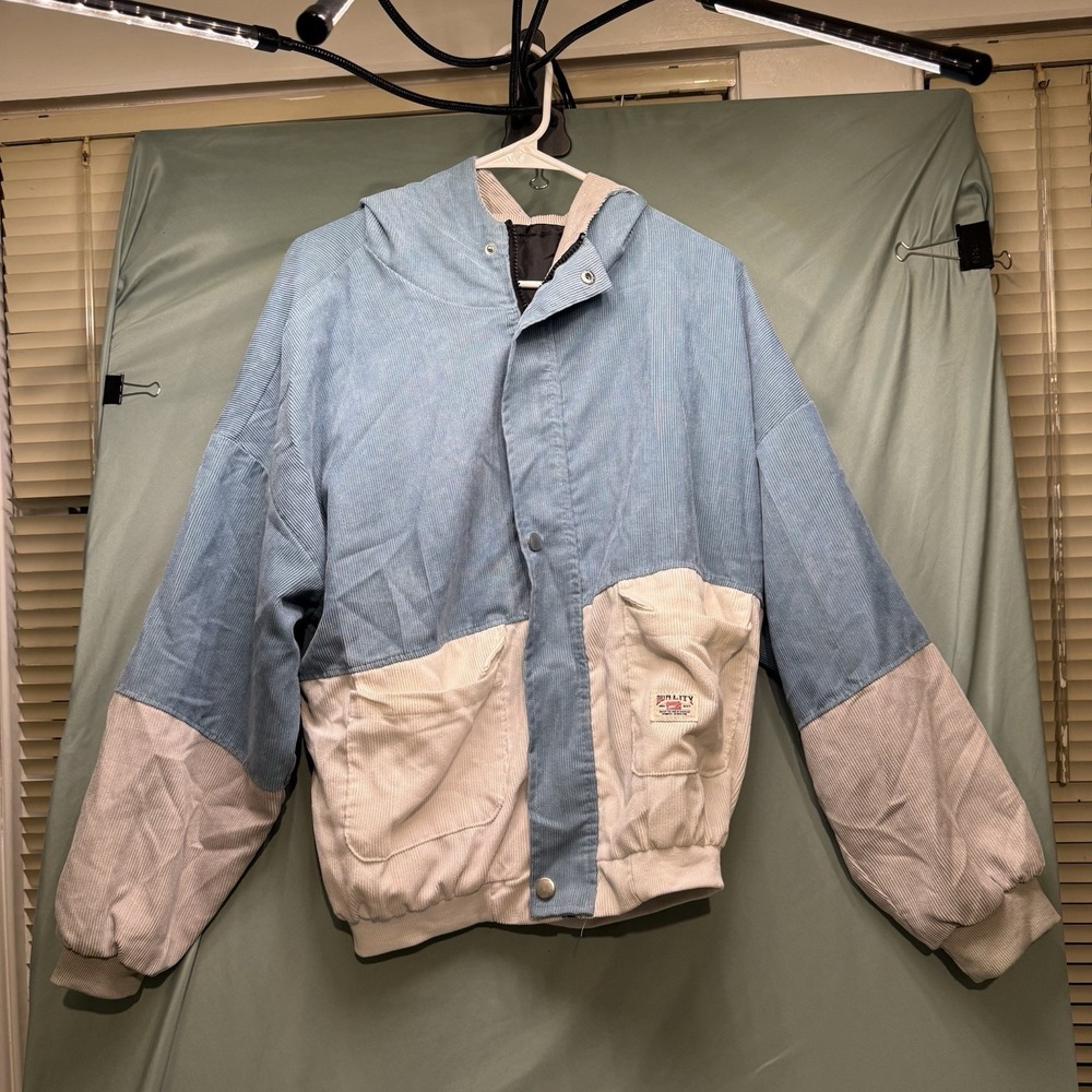 Duality Men Color Block 90's Corduroy Jacket Coat Size Medium Blue White